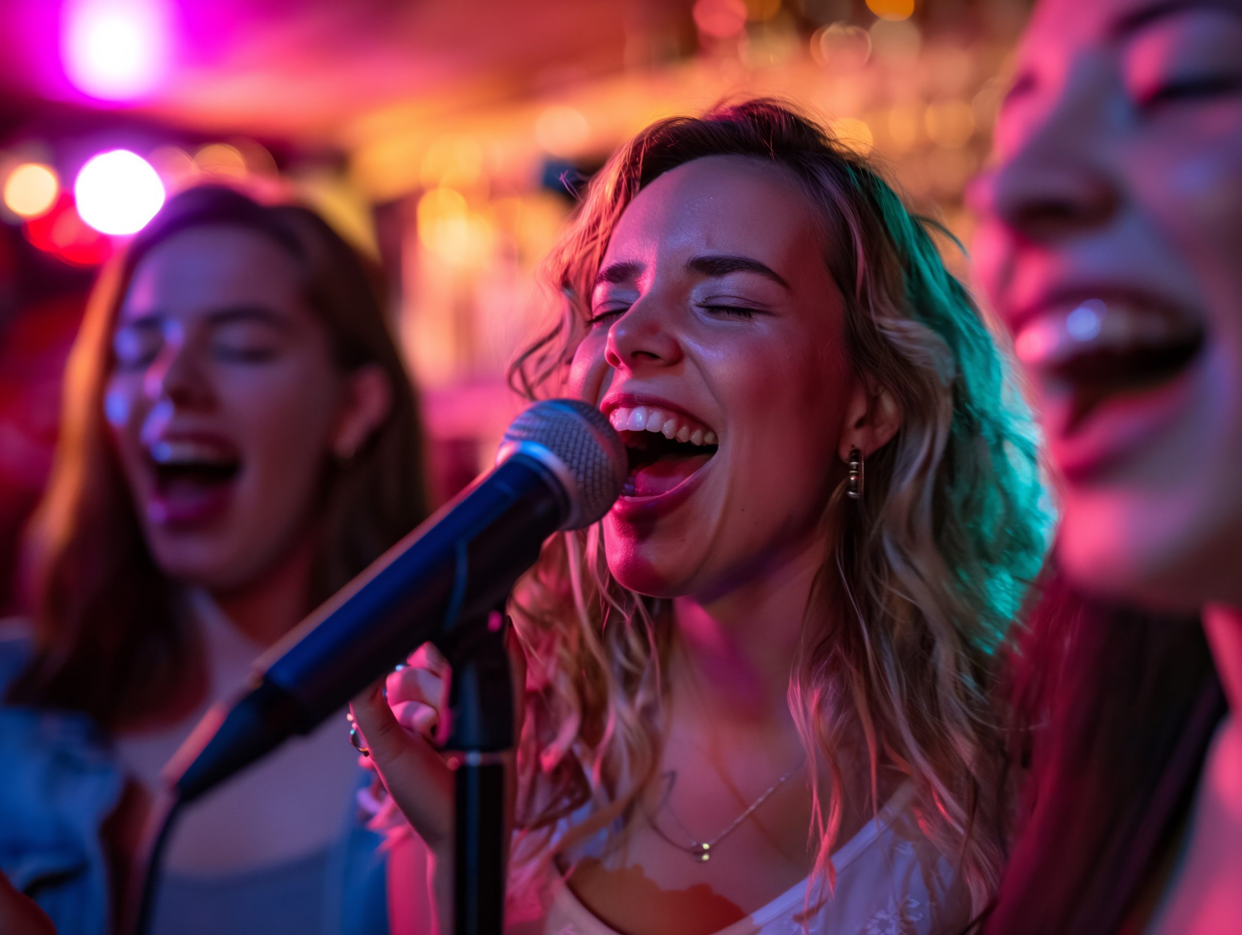 Femme chantant et s'ambiancant au micro lors d'une soirée festive chez KaraKwiz à Wittenheim près de Mulhouse